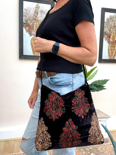 Navy Velvet Embroidered Shoulder Bag