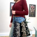 Black wicker embroidered shoulder bag