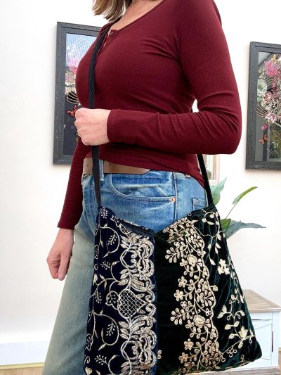 Black wicker embroidered shoulder bag
