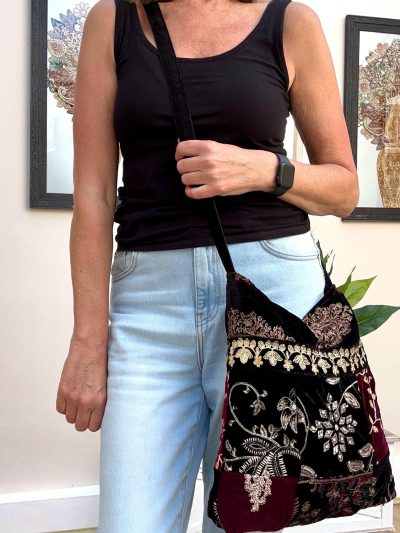 Black Velvet Paisley Embroidered Shoulder Bag