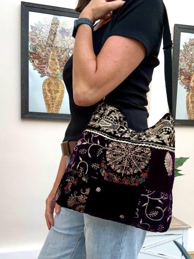 Purple Velvet Floral Embroidered Shoulder Bag