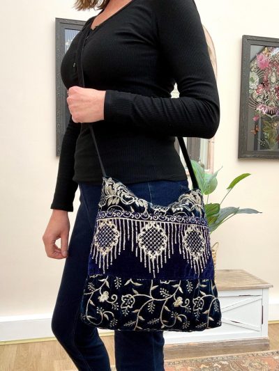 Dark blue velvet embroidered shoulder bag