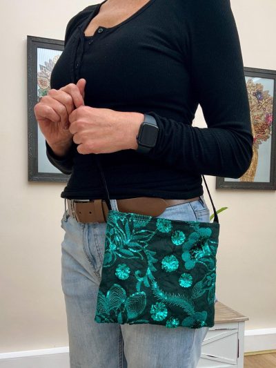 Emerald Green Velvet Embroidered Crossbody Bag