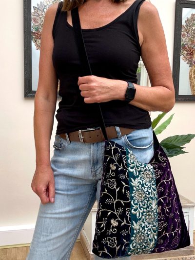 Purple and Teal Velvet Floral Embroidered Shoulder Bag