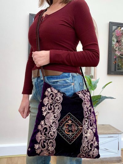 Black and Gold Floral Embroidered Shoulder Bag