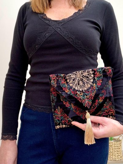 Black Velvet Embroidered Crossbody Bag