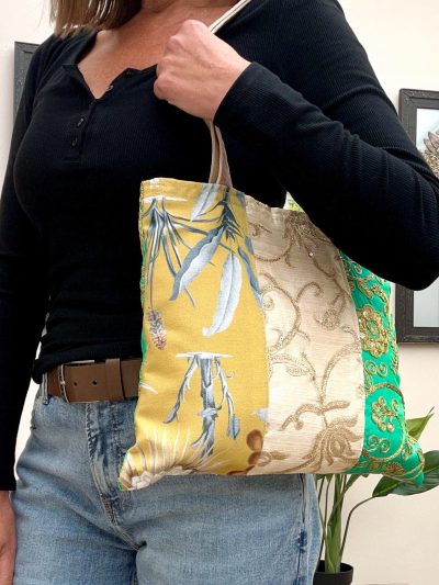 Green Velvet Patchwork Embroidered Tote Bag