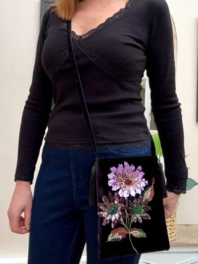Black Velvet Floral Embroidered Crossbody Bag